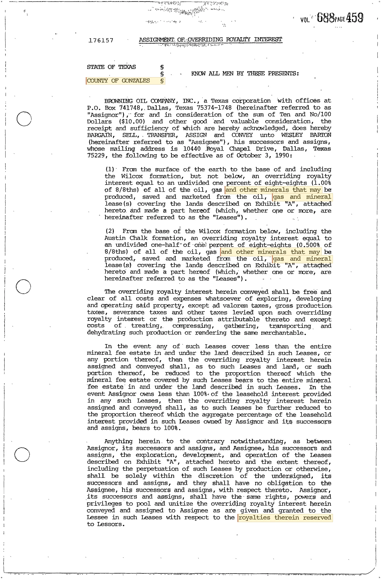 Browning Oil Company Inc. - Recorded Assignment Overriding Royalty (Vol. 688, Page 459)