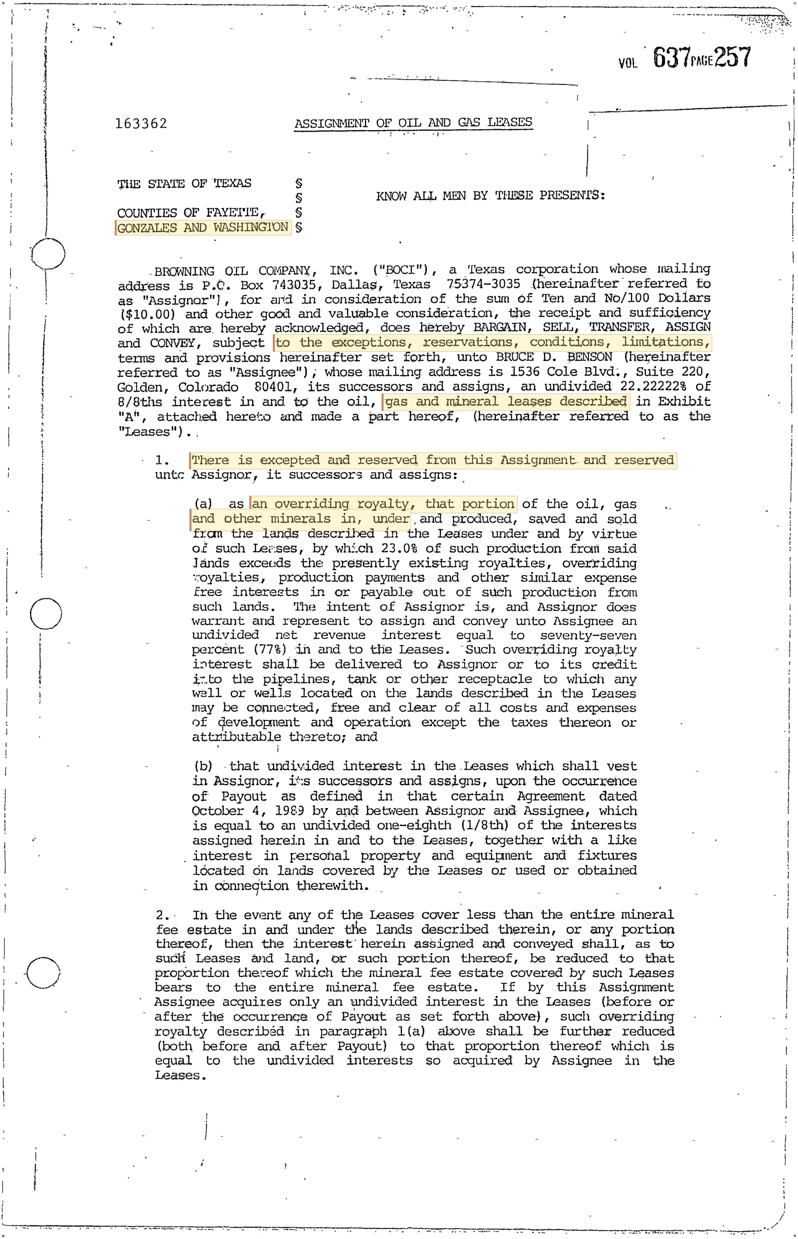 Browning Oil Company Inc. - Recorded Assignment Overriding Royalty (Vol. 637, Page 257)