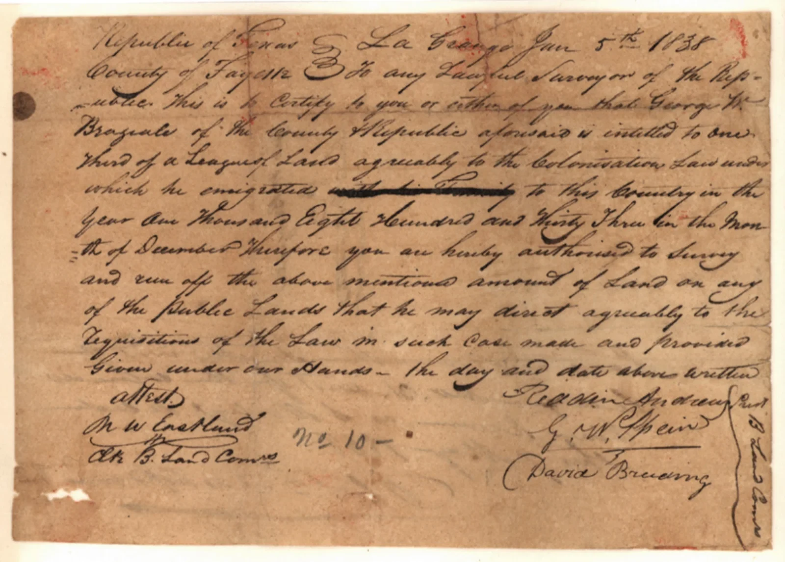 Brazeale, George W Original Cursive Land Grant & Field Notes (Gonzales County, Abstract A-97)